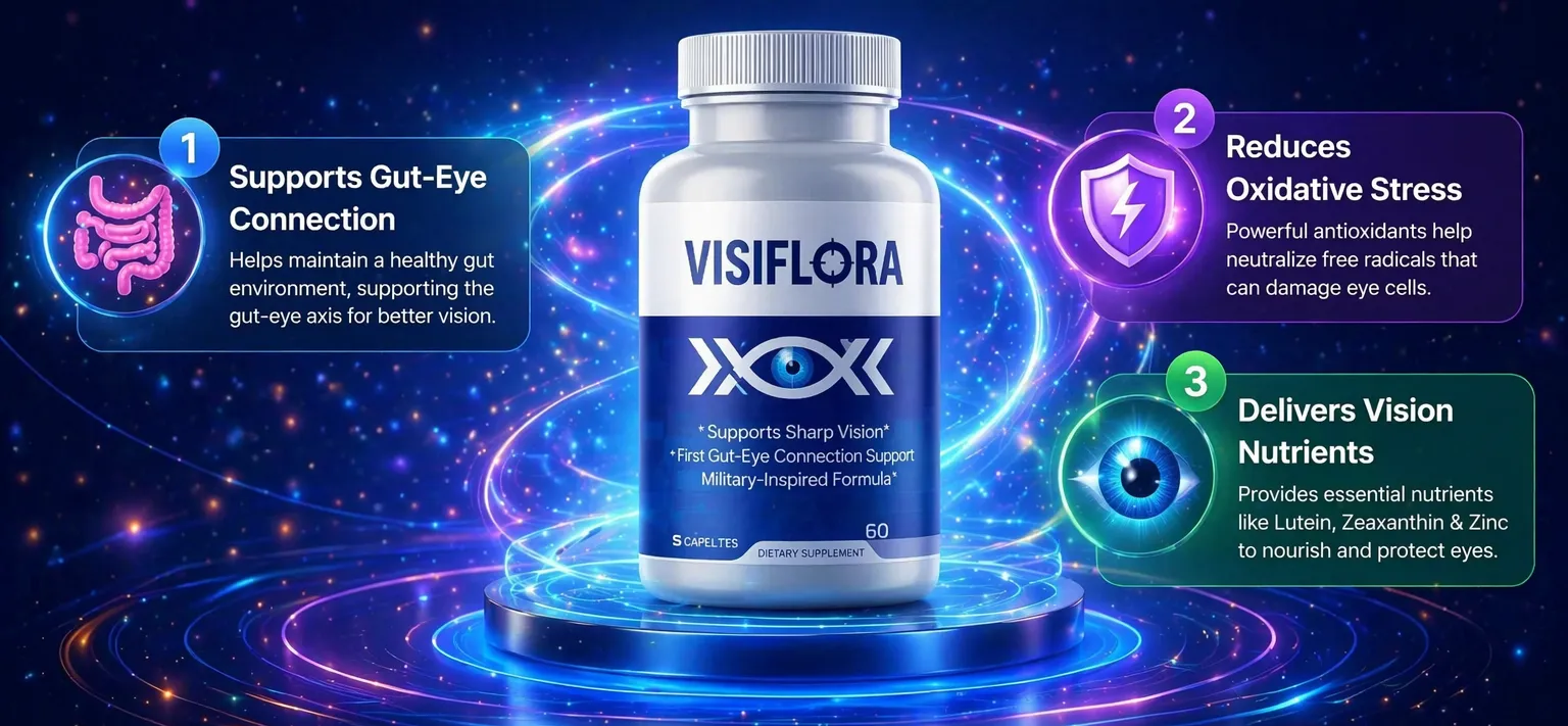 VisiFlora vision nutrients infographic. Supports gut-eye connection and reduces oxidative stress. Official VisiFlora 3D product image for eye health and digestive wellness.