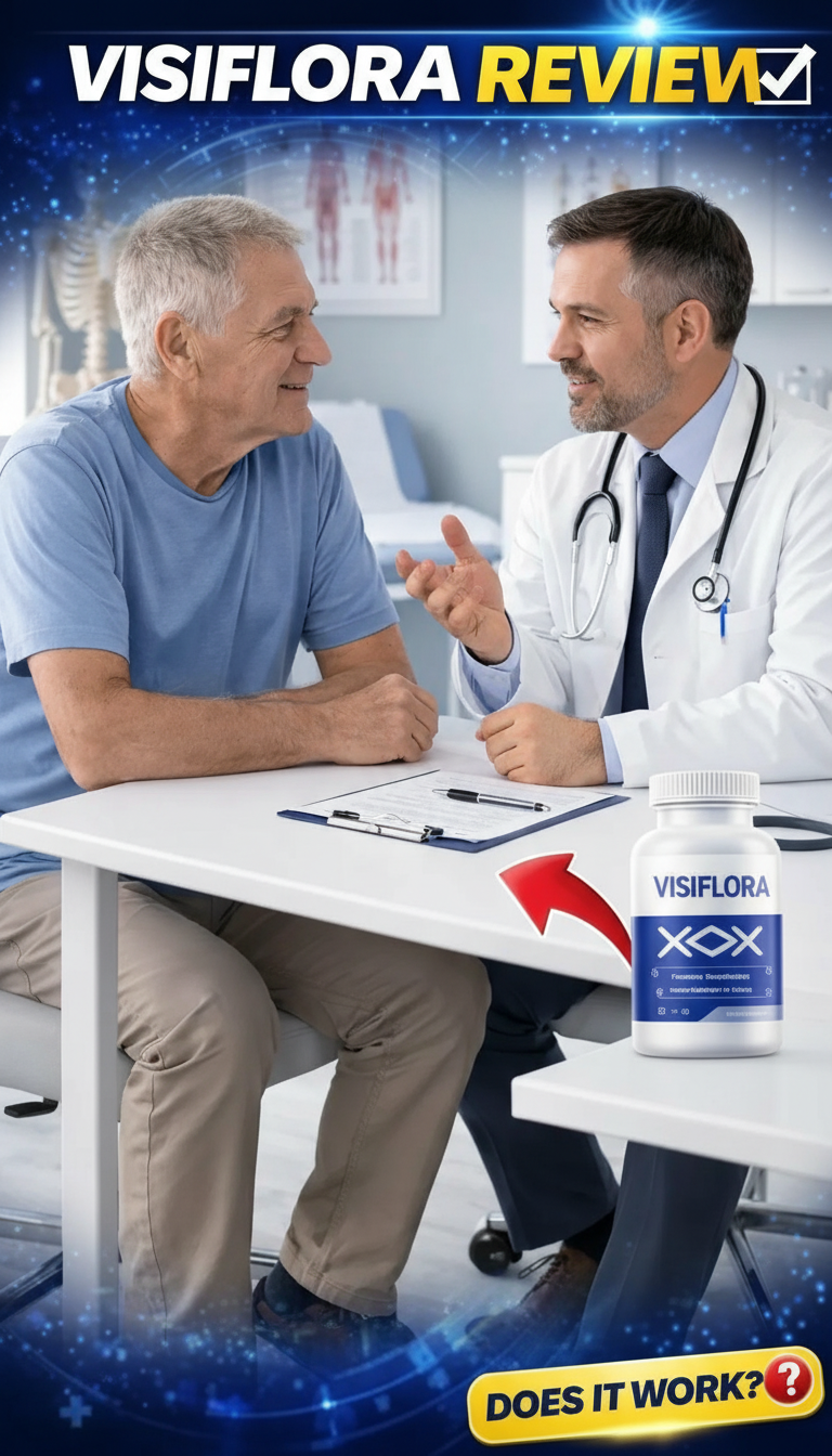 VisiFlora Review and testimonial image. Doctor-patient consultation with VisiFlora bottle for sharp vision and gut-eye health. Professional review for the US market.