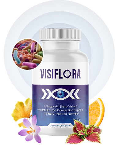 VisiFlora dietary supplement bottle for sharp vision and gut-eye connection support. Features probiotics, Ginkgo Biloba leaves, orange, and purple flowers with a crosshair logo. White and blue branding on a clean background.