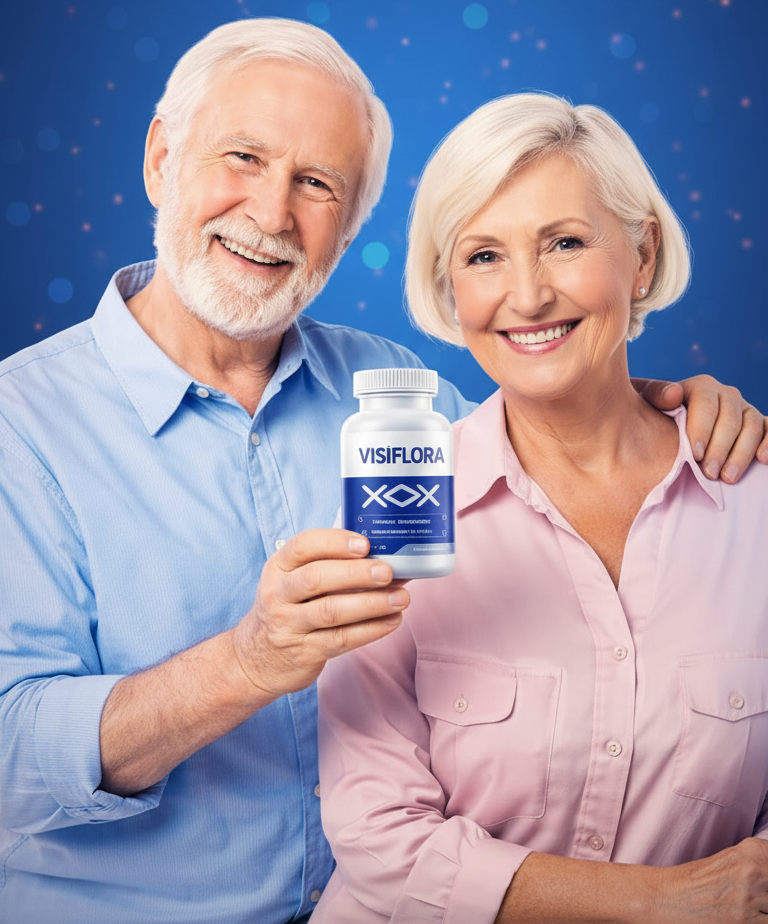 Senior couple endorsing VisiFlora vision supplement. Blue and white VisiFlora bottle for sharp vision and daily eye wellness. US-targeted dietary supplement testimonial.
