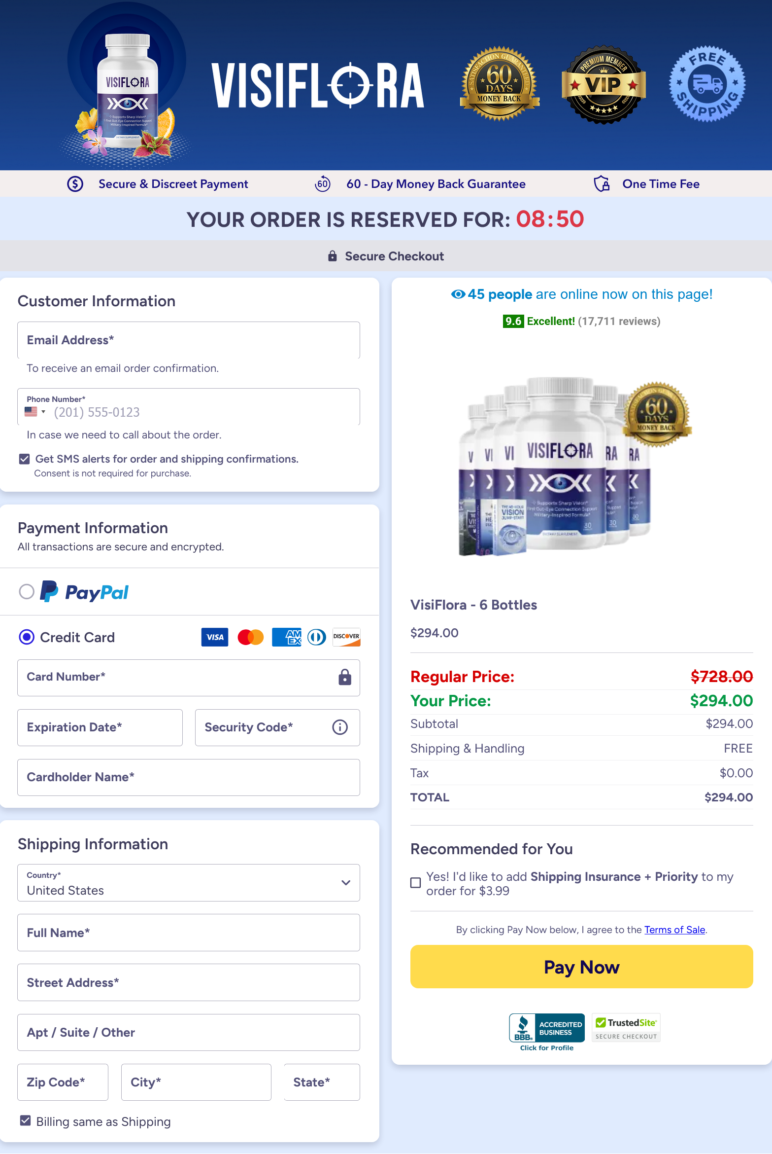 Secure checkout for VisiFlora vision support dietary supplement in the USA. Order form for 6 bottles including free shipping and bonus ebooks. High-trust signals including 