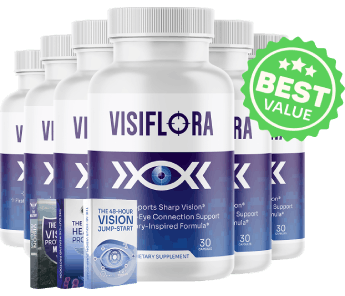 6-bottle VisiFlora bundle with free shipping and 3 bonus ebooks. Official product image for the VisiFlora vision support dietary supplement. Best price for eye health vitamins in the United States.